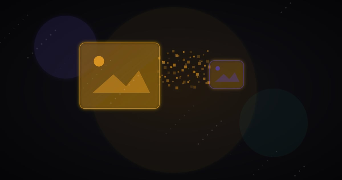 Glowing image card dissolving into smaller pixels while preserving visual detail